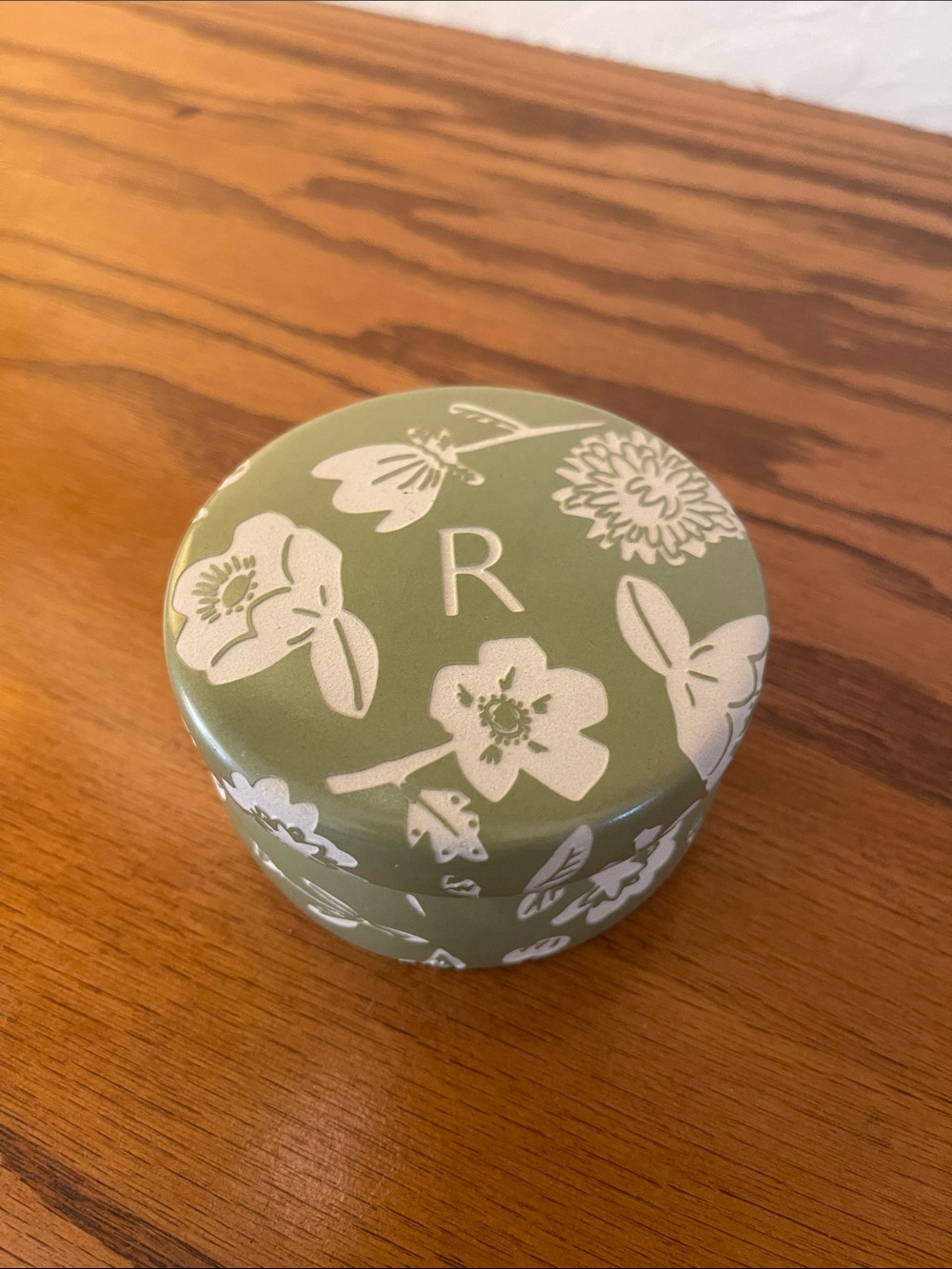 Anthropologie Monogram 'R' Floral Green Jewelry Trinket Box